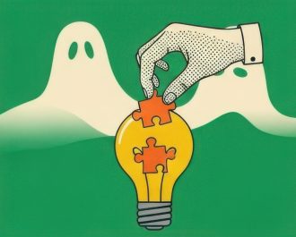 Six panels illustrating concepts of ideas, thinking, problem-sol