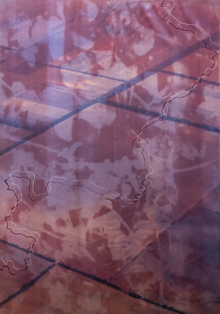 Aus der Ausstellung paper unlimited_02 | Elena Kristofor | Wie eine Geranie rot (1) / (2) / (3) | hier (3) | 2025 | Pigmentdruck, Kurkumaprint (Anthotypie), Gravur auf Glas | Foto © Pamela Schmatz
