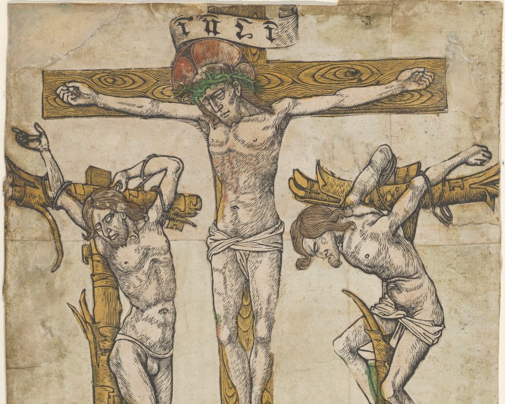 Niederländisch, Kreuzigung Christi (Detail), kolorierte Druckgrafik (zugeschnitten), um 1460/80, Metropolitan Museum New York, 60.703.26. | © Metropolitan Museum New York, The Elisha Whittelsey Collection, The Elisha Whittelsey Fund, 1960, Public Domain. Fragments of a Crucifixion, with the Virgin Mary, ca. 1460–80 Netherlandish, Hand-colored woodcut cut in pieces and pasted onto on paper; sheet: 10 7/16 x 7 5/16 in. (26.5 x 18.6 cm) The Metropolitan Museum of Art, New York | © The Elisha Whittelsey Collection, The Elisha Whittelsey Fund, 1960 (60.703.26) http://www.metmuseum.org/Collections/search-the-collections/337949