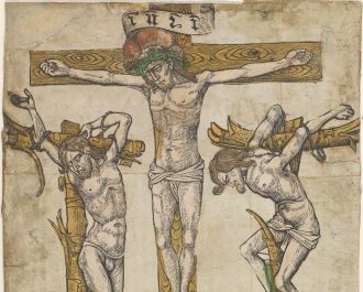 Niederländisch, Kreuzigung Christi (Detail), kolorierte Druckgrafik (zugeschnitten), um 1460/80, Metropolitan Museum New York, 60.703.26. | © Metropolitan Museum New York, The Elisha Whittelsey Collection, The Elisha Whittelsey Fund, 1960, Public Domain. Fragments of a Crucifixion, with the Virgin Mary, ca. 1460–80 Netherlandish, Hand-colored woodcut cut in pieces and pasted onto on paper; sheet: 10 7/16 x 7 5/16 in. (26.5 x 18.6 cm) The Metropolitan Museum of Art, New York | © The Elisha Whittelsey Collection, The Elisha Whittelsey Fund, 1960 (60.703.26) http://www.metmuseum.org/Collections/search-the-collections/337949